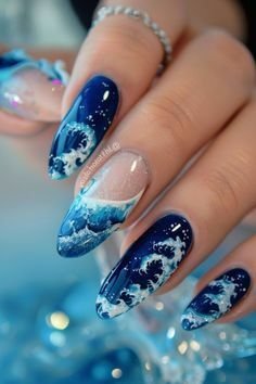 Aqua Ocean Wave 3D Effect Nails