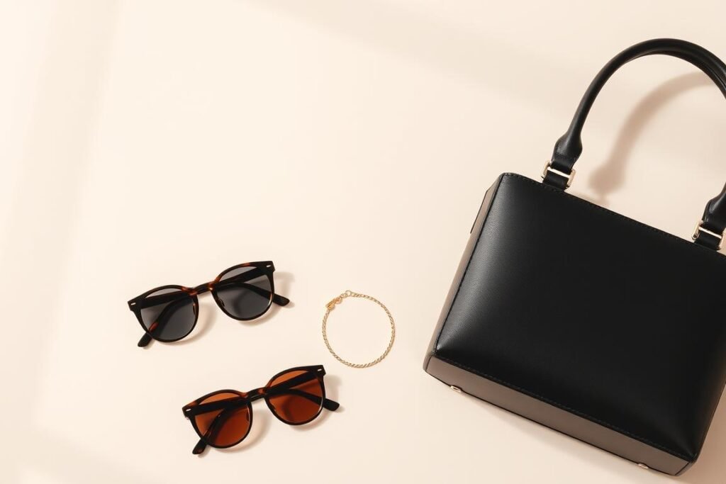 Collection of minimalist accessories including structured handbag, gold jewelry, and sunglasses, demonstrating budget-friendly expensive-looking outfits Collection of minimalist accessories including structured handbag, gold jewelry, and sunglasses, demonstrating budget-friendly expensive-looking outfits