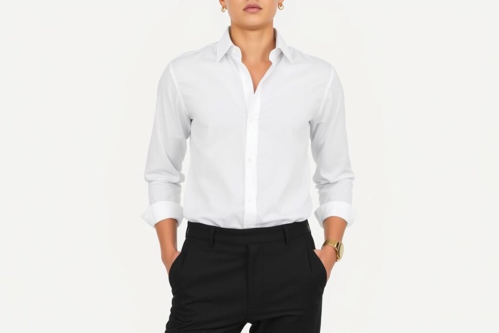 Person wearing a crisp white button-down shirt with black slim trousers and minimal accessories, showing budget-friendly expensive-looking outfits Person wearing a crisp white button-down shirt with black slim trousers and minimal accessories, showing budget-friendly expensive-looking outfits