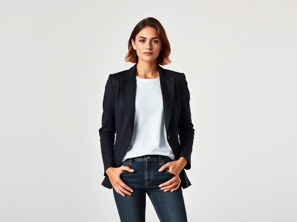 Person wearing a tailored black blazer with dark wash jeans and white t-shirt, showcasing budget-friendly expensive-looking outfits Person wearing a tailored black blazer with dark wash jeans and white t-shirt, showcasing budget-friendly expensive-looking outfits