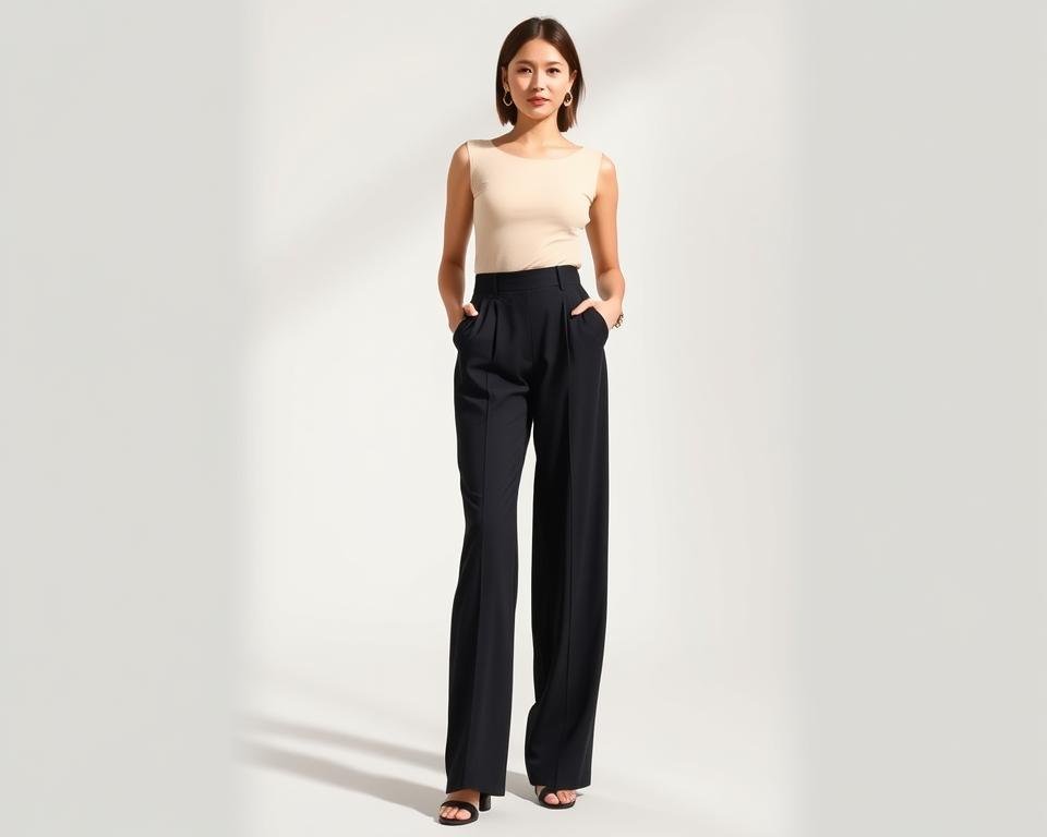 Person wearing high-waisted wide-leg trousers with a fitted top and minimal accessories, demonstrating budget-friendly expensive-looking outfits Person wearing high-waisted wide-leg trousers with a fitted top and minimal accessories, demonstrating budget-friendly expensive-looking outfits