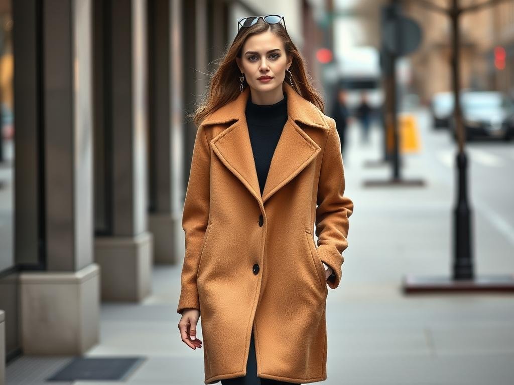 Woman wearing a camel wool-blend coat over simple black outfit, exemplifying budget-friendly expensive-looking outfits Woman wearing a camel wool-blend coat over simple black outfit, exemplifying budget-friendly expensive-looking outfits
