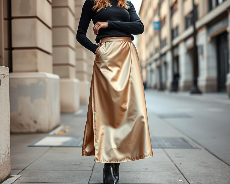 Woman wearing a champagne satin midi skirt with a fitted black sweater and ankle boots, illustrating budget-friendly expensive-looking outfits Woman wearing a champagne satin midi skirt with a fitted black sweater and ankle boots, illustrating budget-friendly expensive-looking outfits