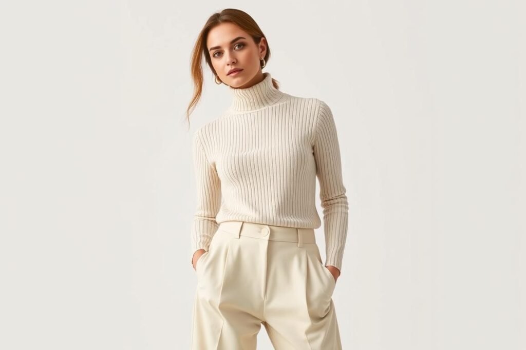 Woman wearing a cream turtleneck sweater with matching wide-leg trousers and minimal gold accessories, demonstrating budget-friendly expensive-looking outfits