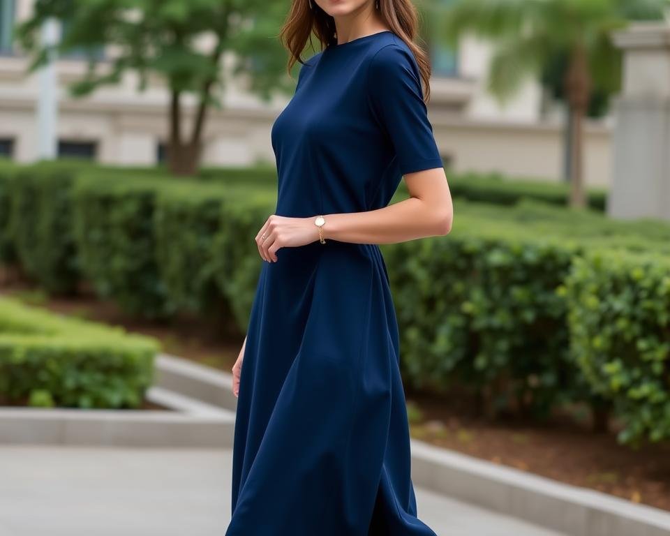 Woman wearing a navy blue midi dress with minimal accessories, showing budget-friendly expensive-looking outfits Woman wearing a navy blue midi dress with minimal accessories, showing budget-friendly expensive-looking outfits